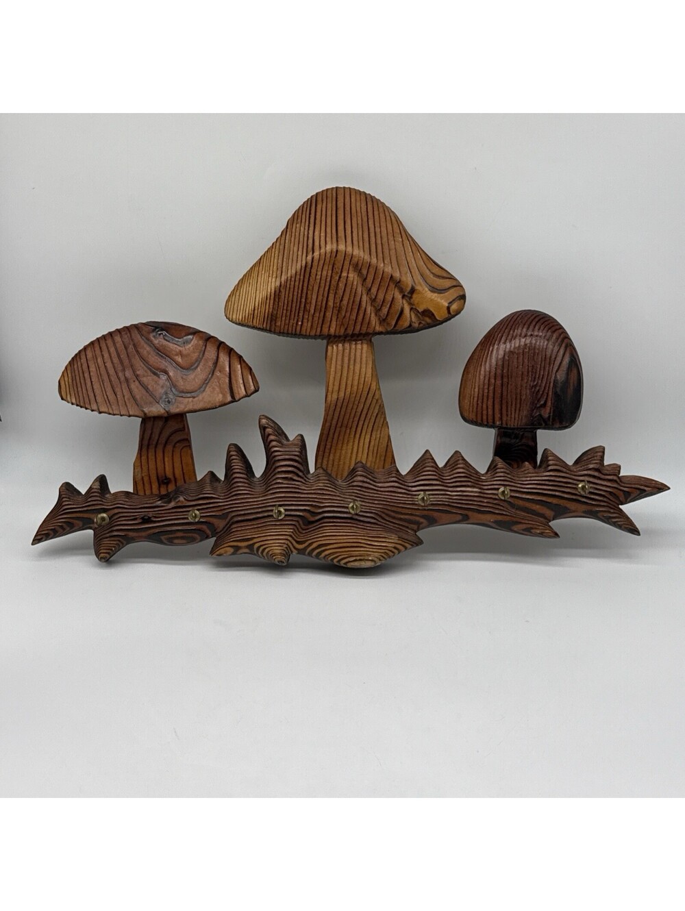 Vintage 1970s Hand Carved Wood Mushroom Wall Art Rack Keys Boho Decor
